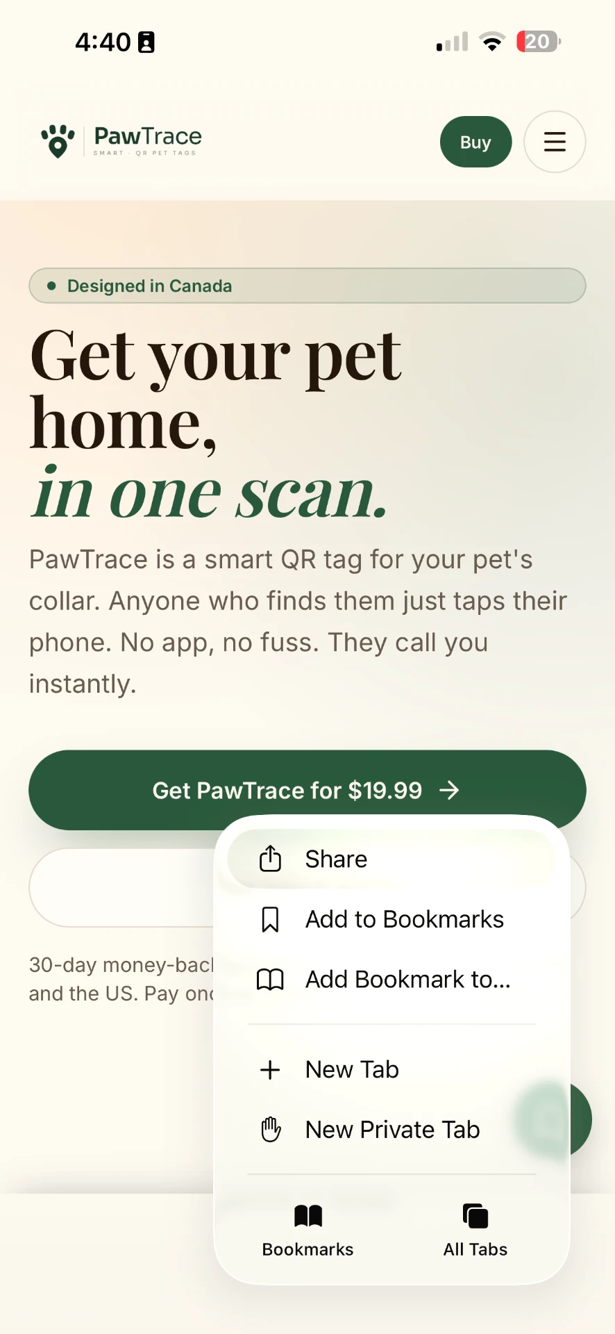 Safari menu with Share at the top of the list