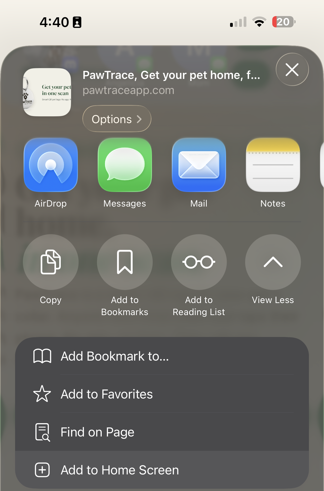 Share sheet with "Add to Home Screen" at the bottom