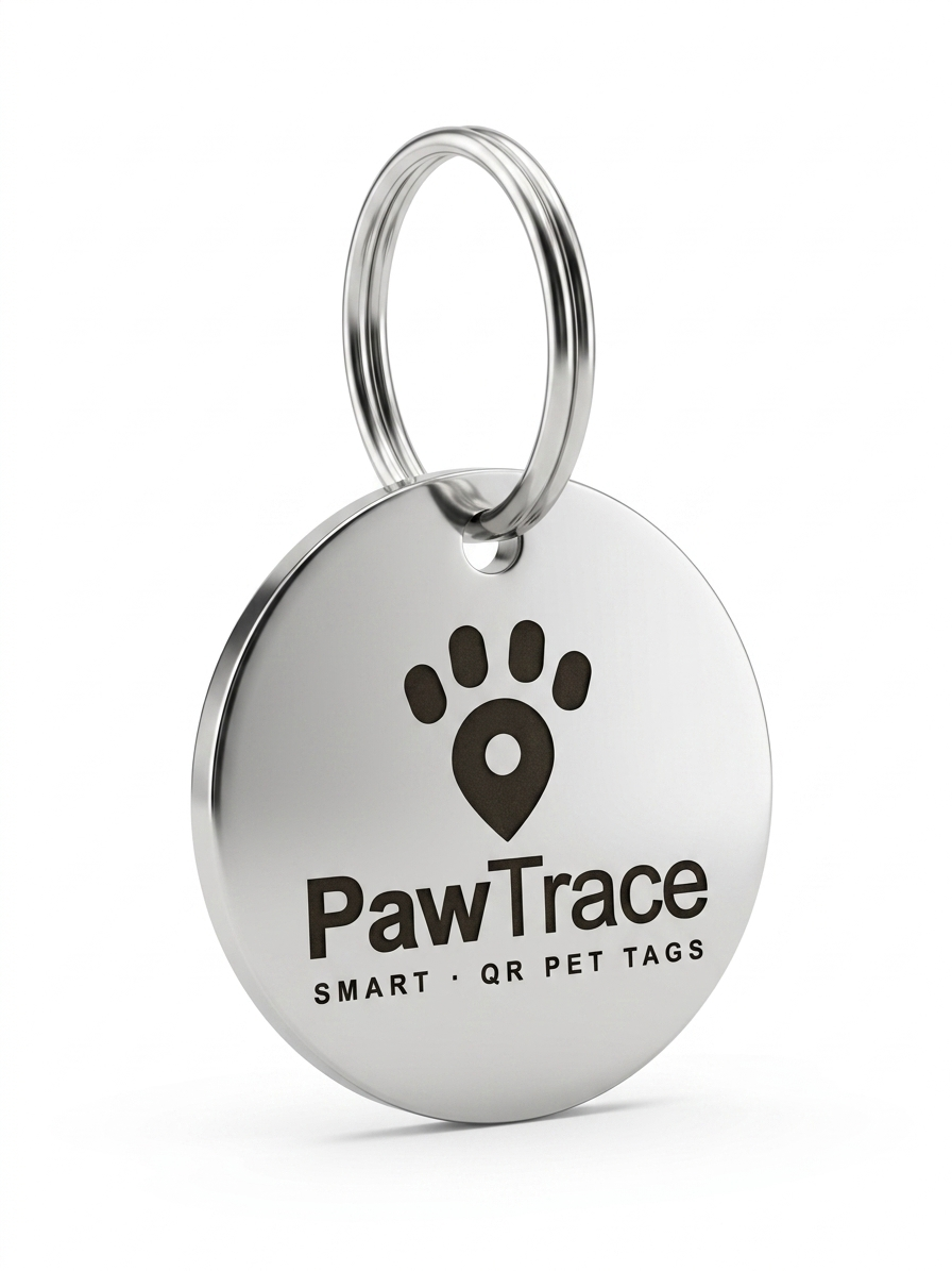 PawTrace stainless steel pet tag front with paw logo